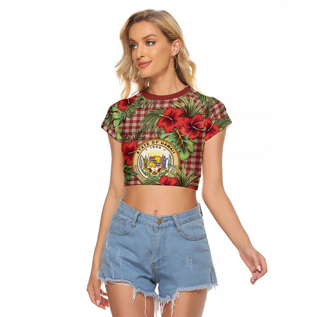 Vintage Hawaii Hibiscus Palaka Raglan Cropped T Shirt Red Color LT19 Female Red - Polynesian Pride