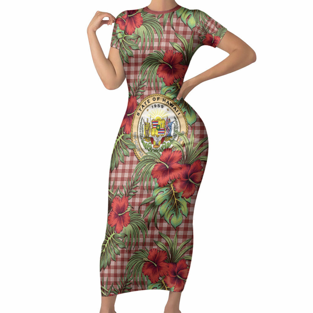 Vintage Hawaii Hibiscus Palaka Short Sleeve Bodycon Dress Red Color LT19 Long Dress Red - Polynesian Pride