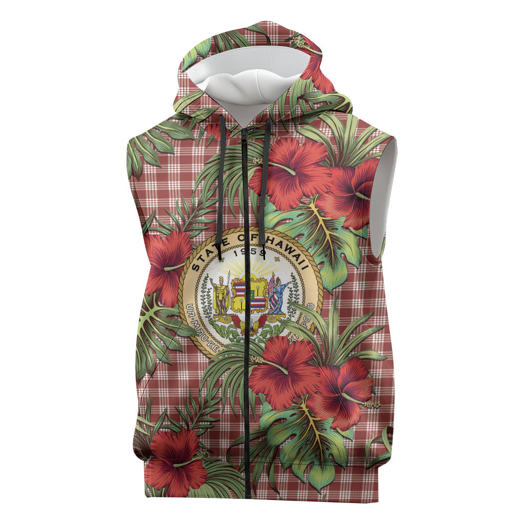 Vintage Hawaii Hibiscus Palaka Sleeveless Zip Hoodie Red Color LT19 Red - Polynesian Pride