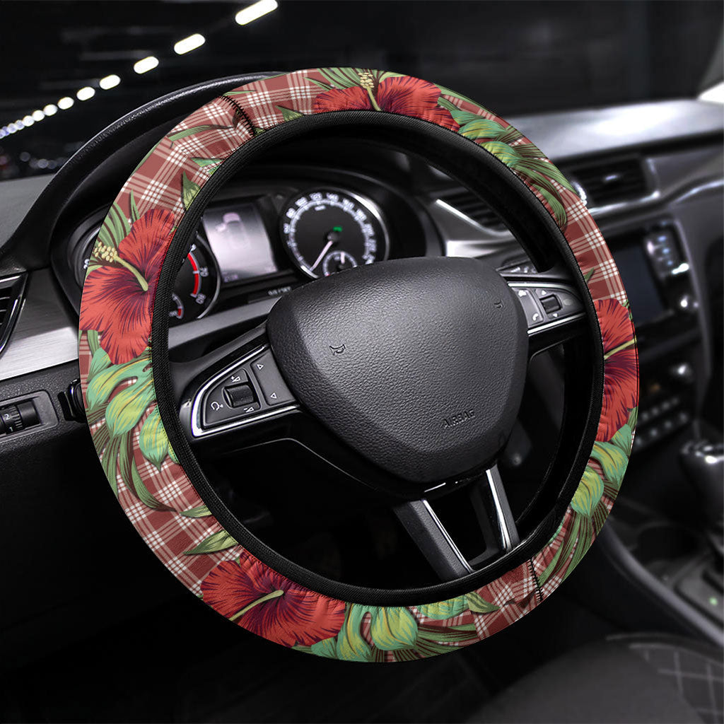 Vintage Hawaii Hibiscus Palaka Steering Wheel Cover Red Color LT19 Universal Fit Red - Polynesian Pride