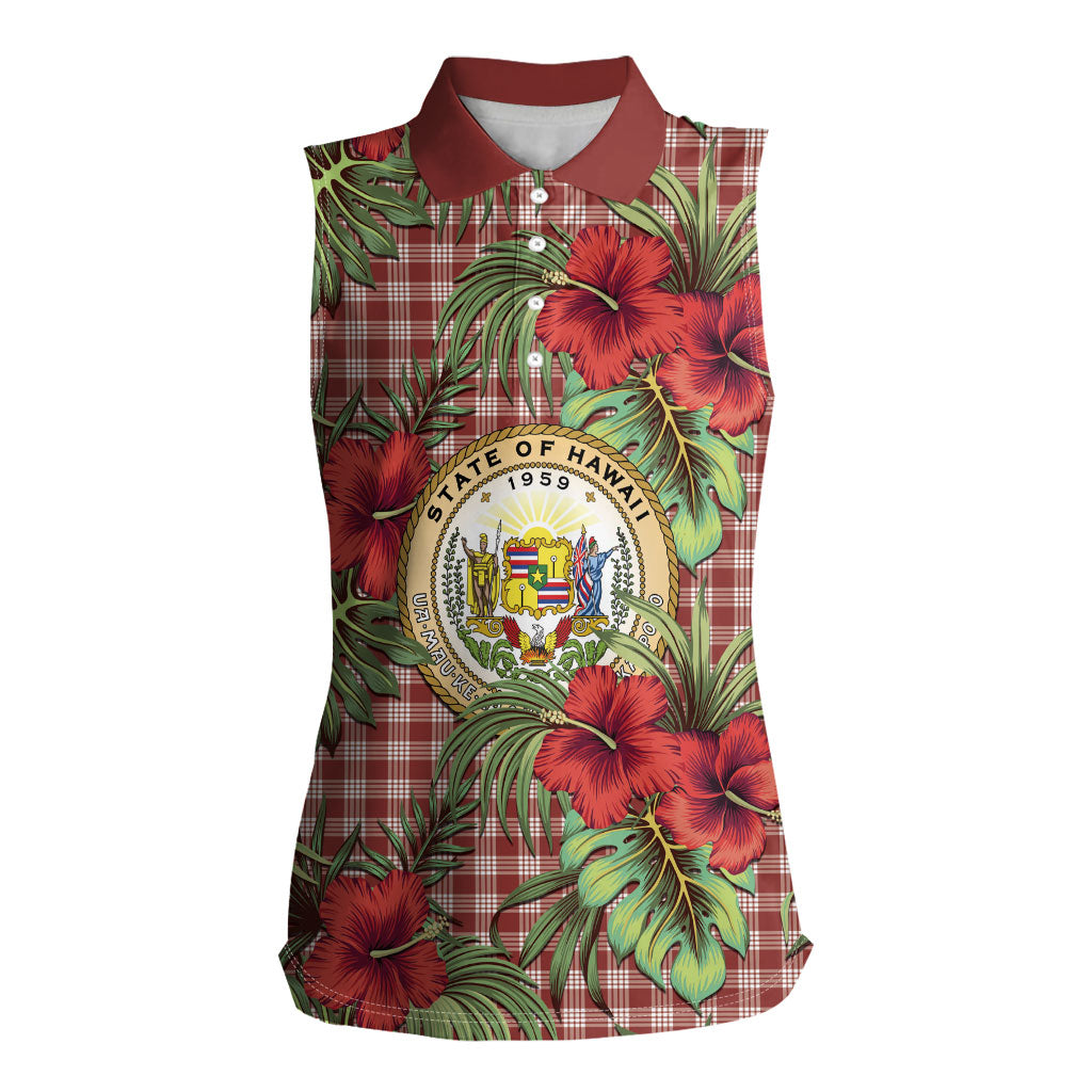 Vintage Hawaii Hibiscus Palaka Women Sleeveless Polo Shirt Red Color LT19 Female Red - Polynesian Pride