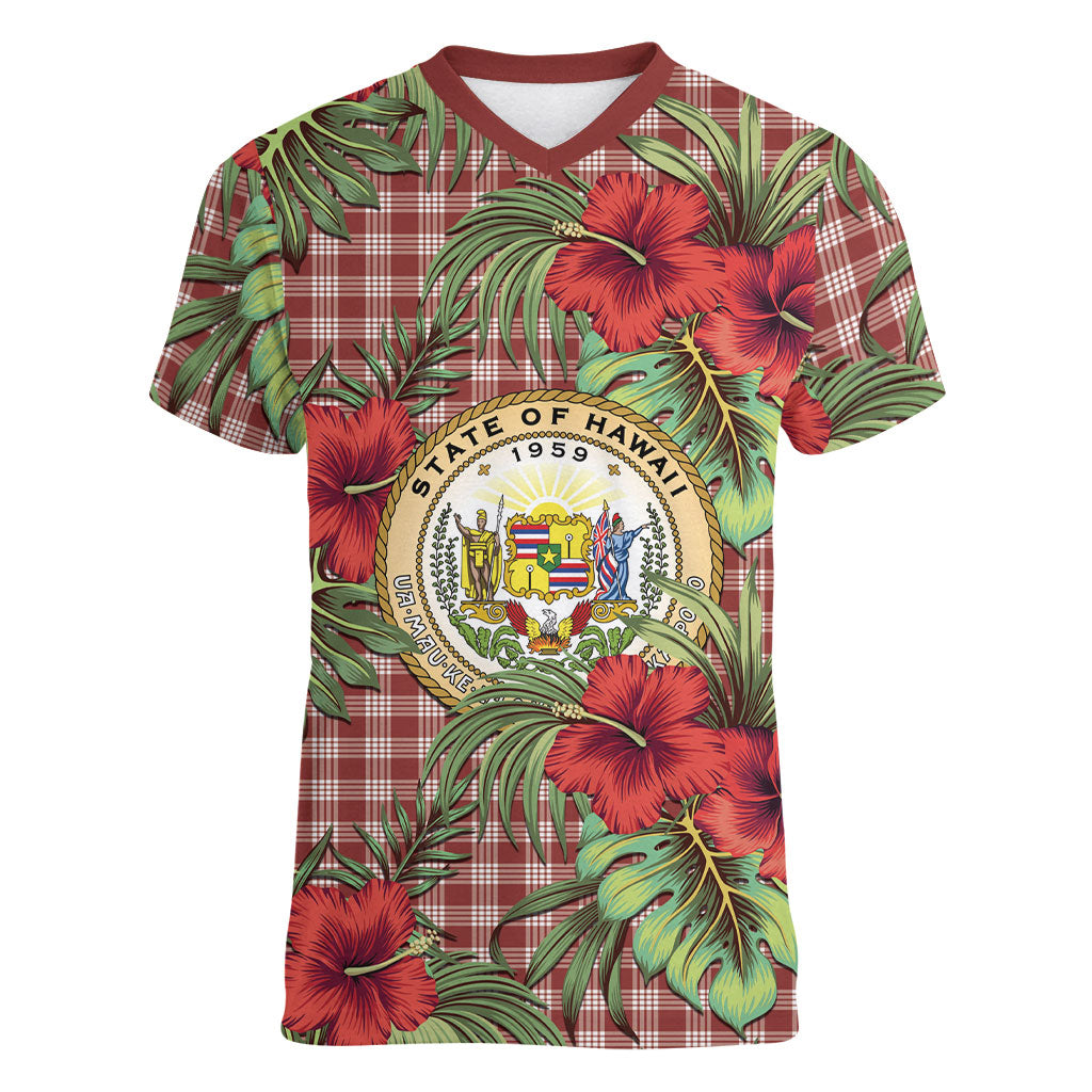 Vintage Hawaii Hibiscus Palaka Women V-Neck T-Shirt Red Color LT19 Female Red - Polynesian Pride
