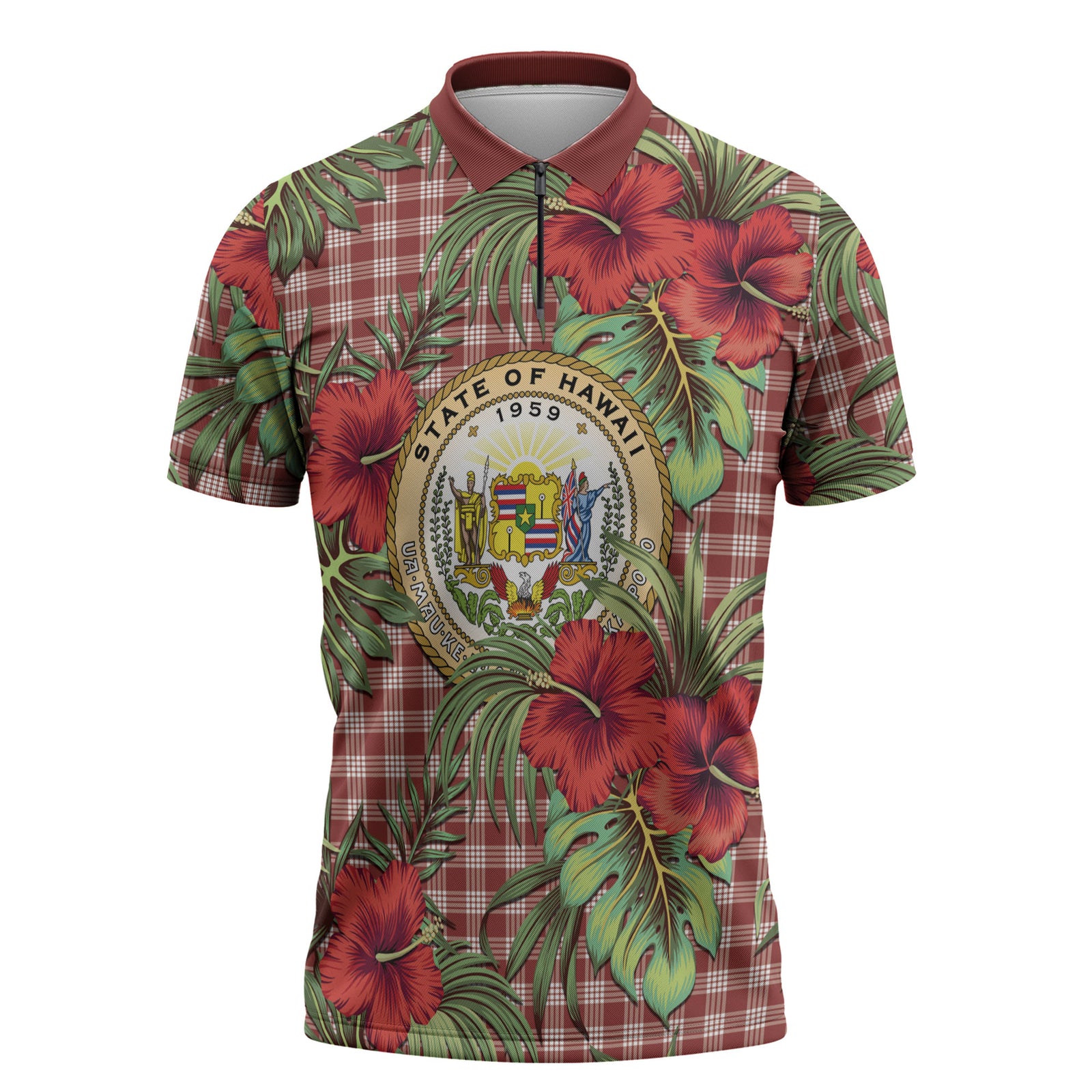 Vintage Hawaii Hibiscus Palaka Zipper Polo Shirt Red Color LT19 Red - Polynesian Pride