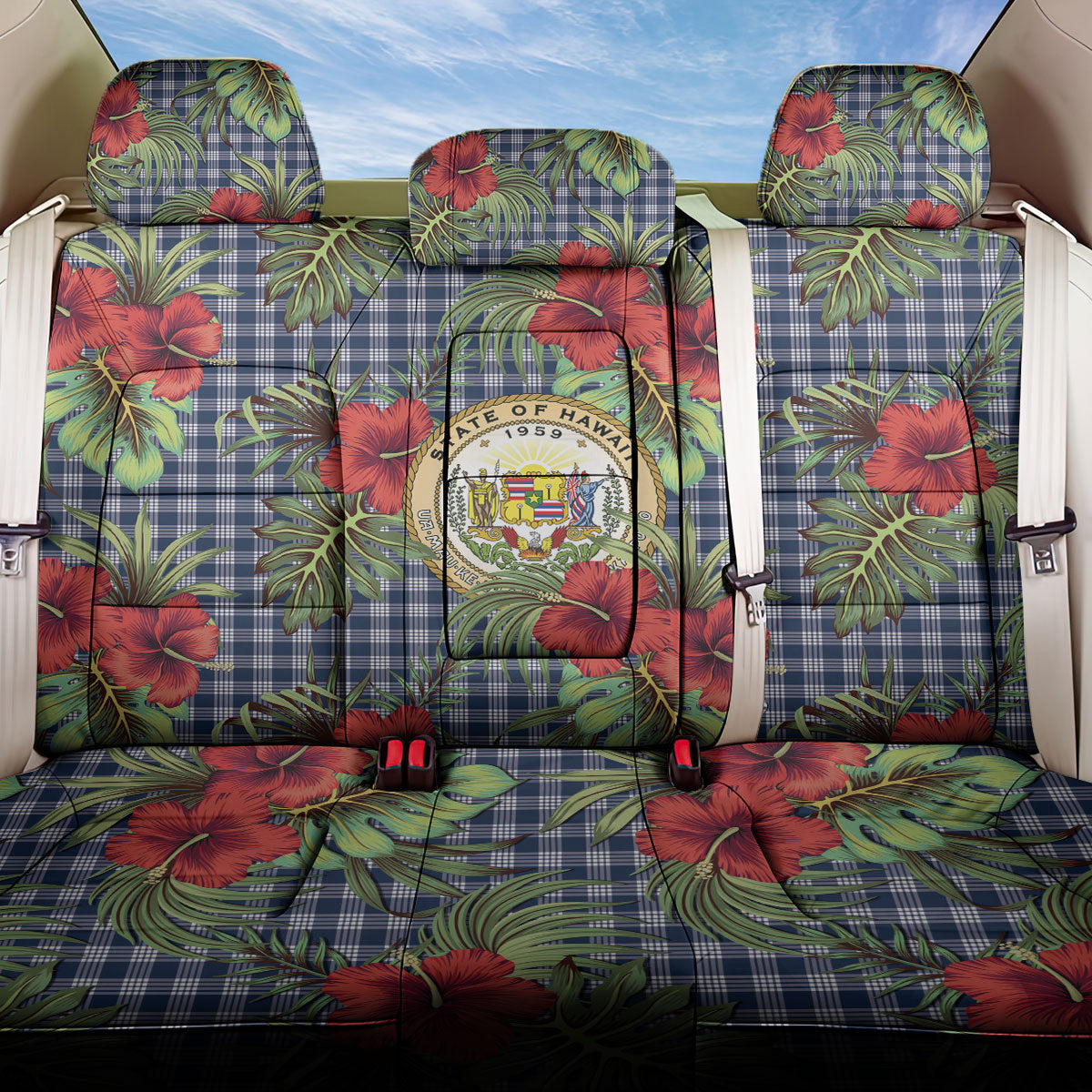 Vintage Hawaii Hibiscus Palaka Back Car Seat Cover Navy Color LT19 One Size Navy - Polynesian Pride