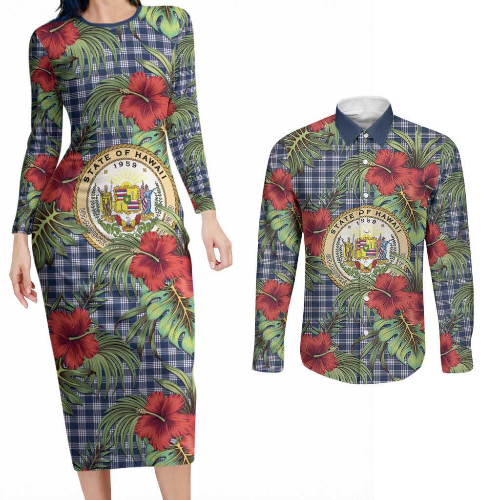 Vintage Hawaii Hibiscus Palaka Couples Matching Long Sleeve Bodycon Dress and Long Sleeve Button Shirt Navy Color LT19 Navy - Polynesian Pride
