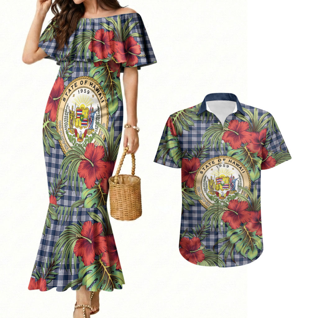 Vintage Hawaii Hibiscus Palaka Couples Matching Mermaid Dress and Hawaiian Shirt Navy Color LT19 Navy - Polynesian Pride