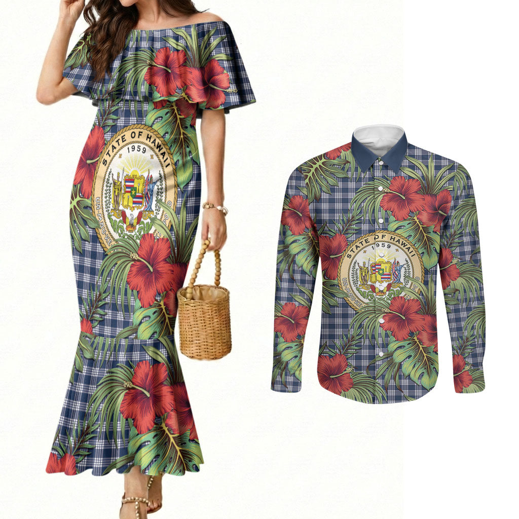 Vintage Hawaii Hibiscus Palaka Couples Matching Mermaid Dress and Long Sleeve Button Shirt Navy Color LT19 Navy - Polynesian Pride
