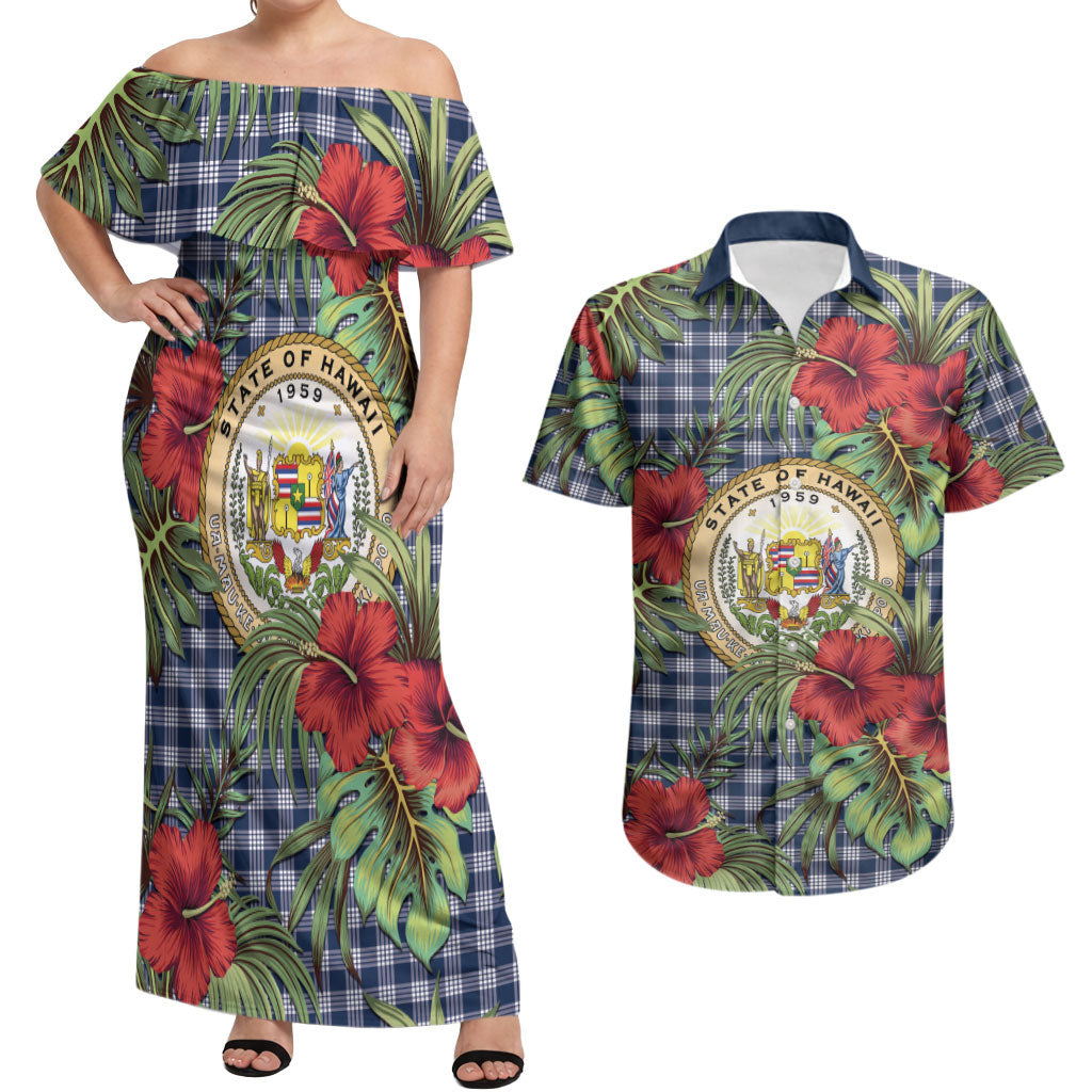 Vintage Hawaii Hibiscus Palaka Couples Matching Off Shoulder Maxi Dress and Hawaiian Shirt Navy Color LT19 Navy - Polynesian Pride