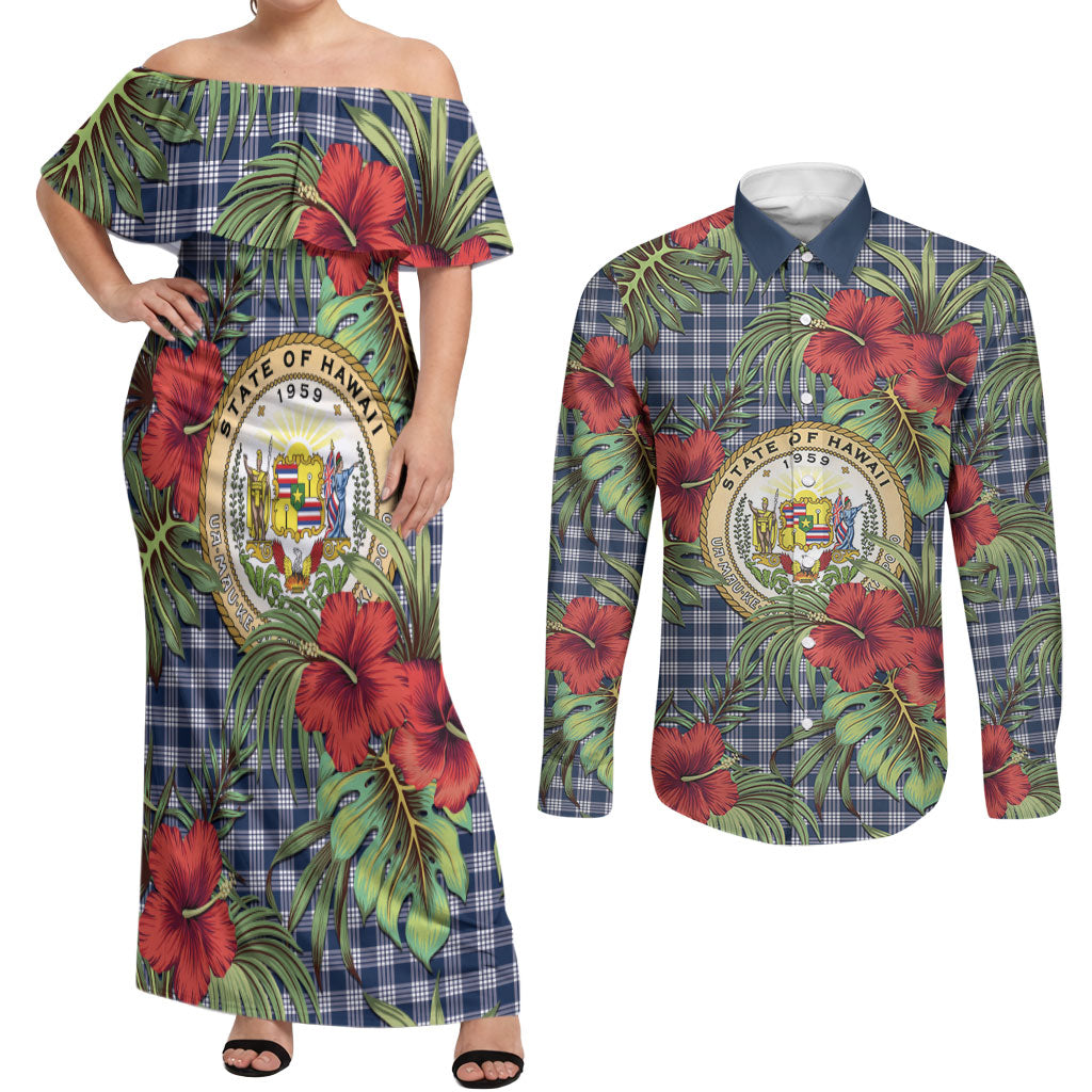 Vintage Hawaii Hibiscus Palaka Couples Matching Off Shoulder Maxi Dress and Long Sleeve Button Shirt Navy Color LT19 Navy - Polynesian Pride