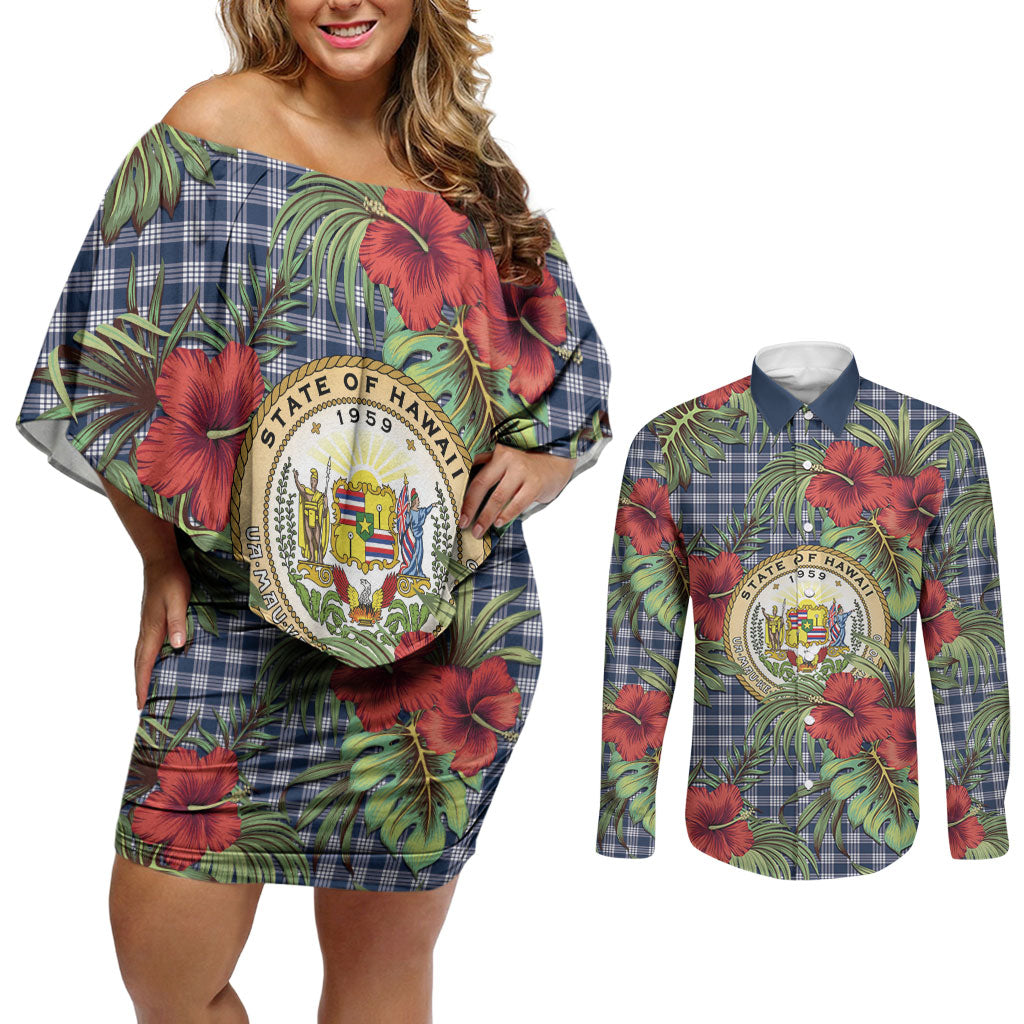 Vintage Hawaii Hibiscus Palaka Couples Matching Off Shoulder Short Dress and Long Sleeve Button Shirt Navy Color LT19 Navy - Polynesian Pride