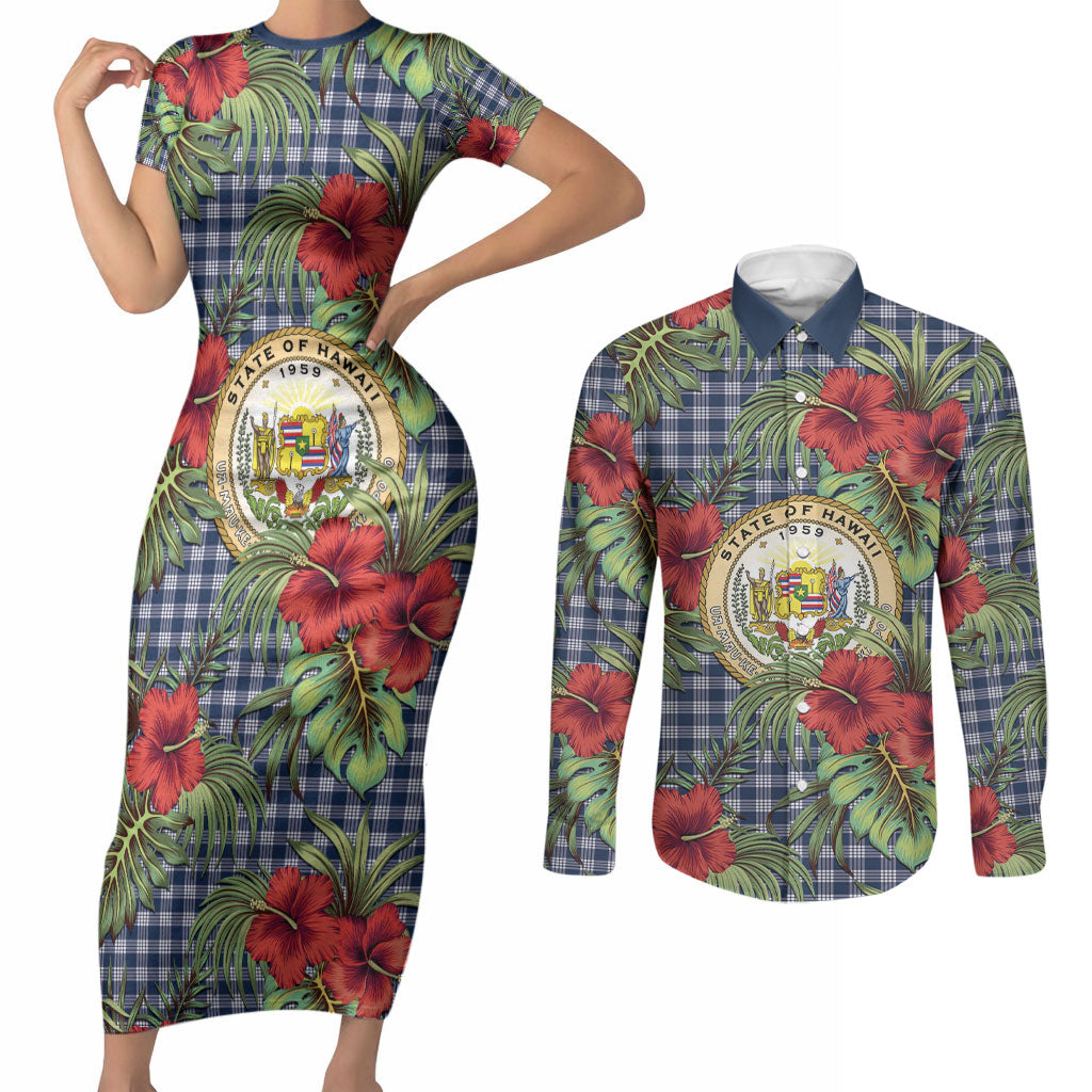 Vintage Hawaii Hibiscus Palaka Couples Matching Short Sleeve Bodycon Dress and Long Sleeve Button Shirt Navy Color LT19 Navy - Polynesian Pride