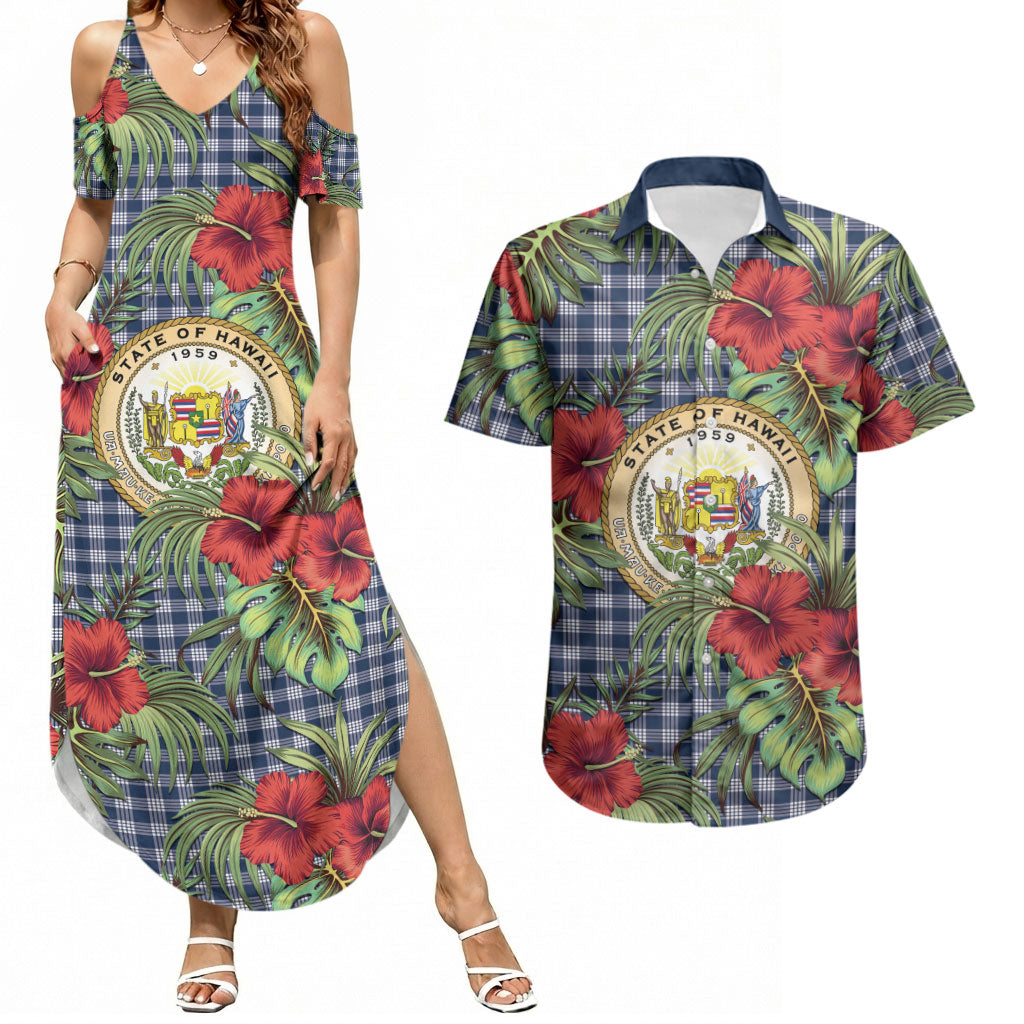 Vintage Hawaii Hibiscus Palaka Couples Matching Summer Maxi Dress and Hawaiian Shirt Navy Color LT19 Navy - Polynesian Pride