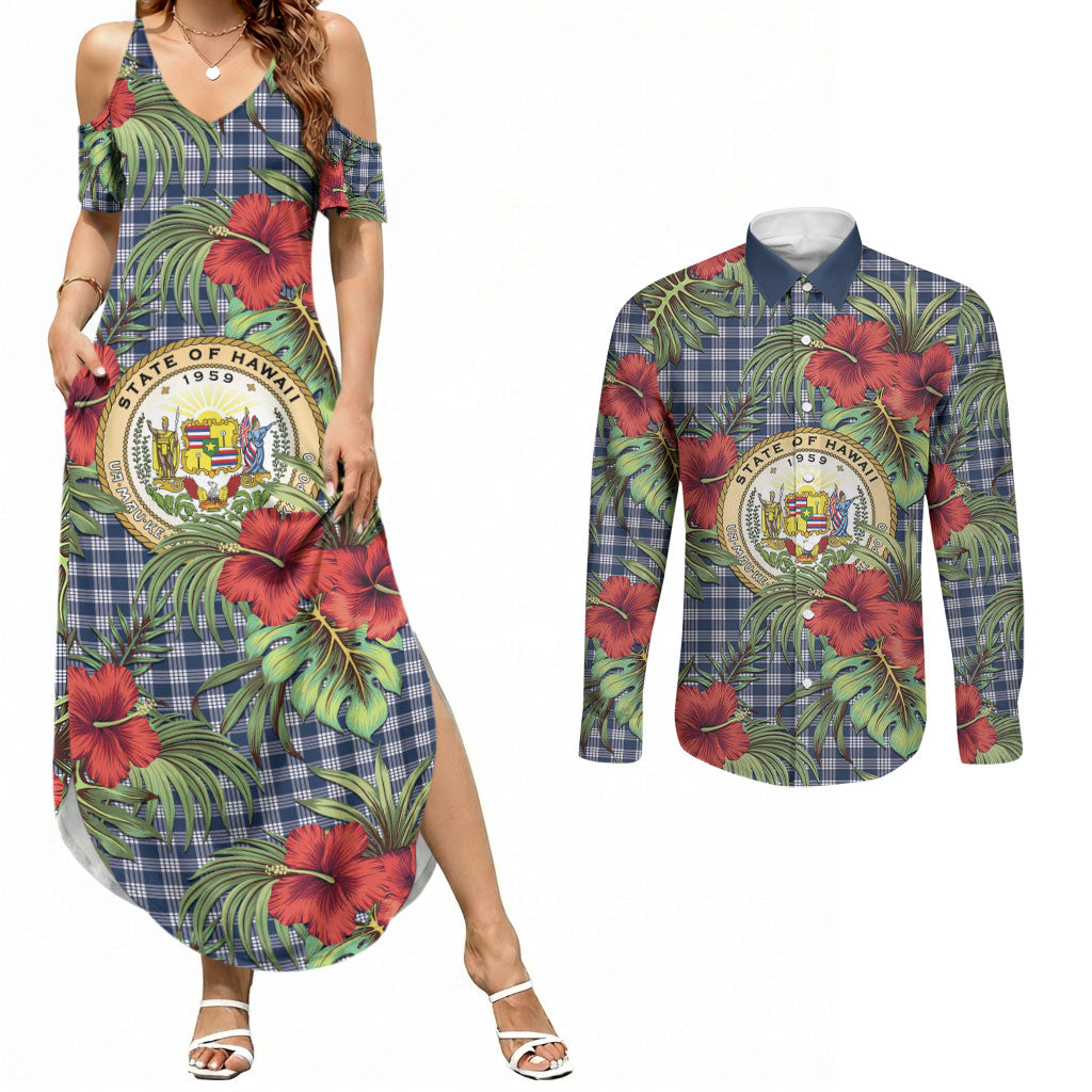 Vintage Hawaii Hibiscus Palaka Couples Matching Summer Maxi Dress and Long Sleeve Button Shirt Navy Color LT19 Navy - Polynesian Pride