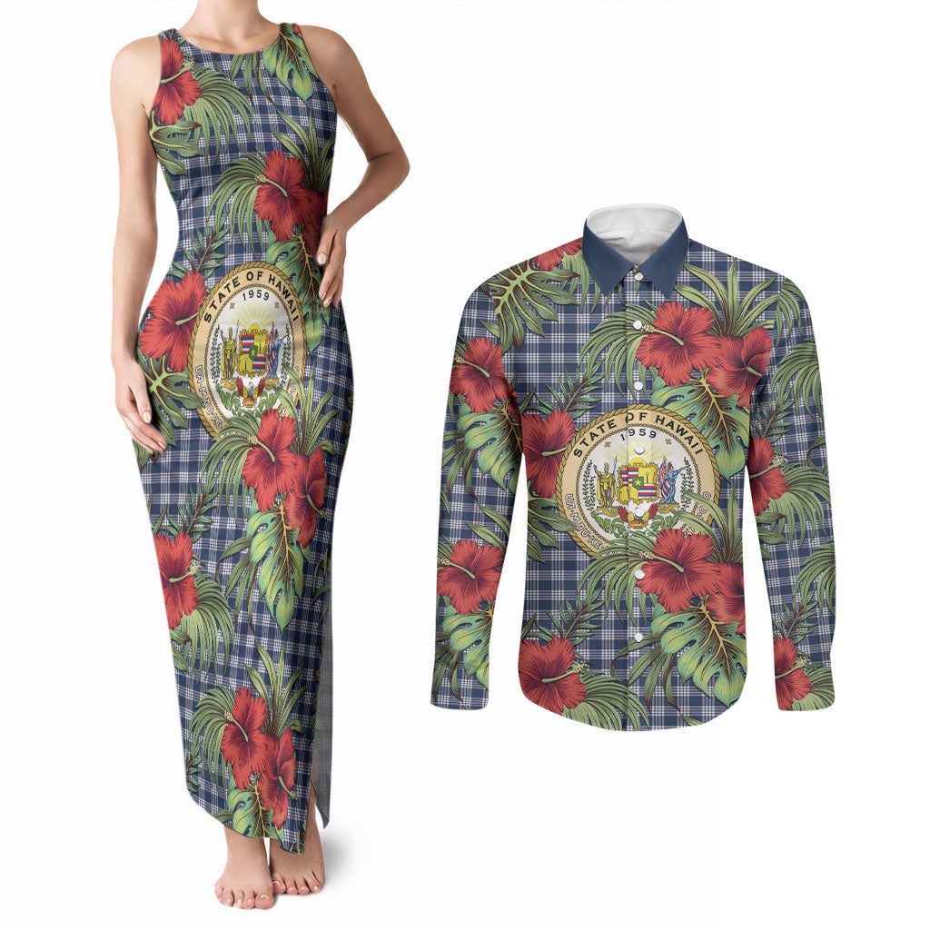 Vintage Hawaii Hibiscus Palaka Couples Matching Tank Maxi Dress and Long Sleeve Button Shirt Navy Color LT19 Navy - Polynesian Pride