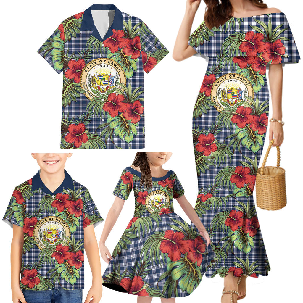 Vintage Hawaii Hibiscus Palaka Family Matching Mermaid Dress and Hawaiian Shirt Navy Color