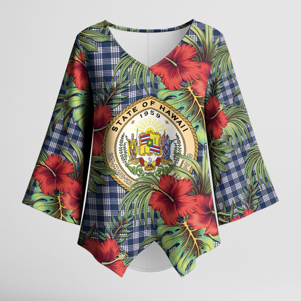 Vintage Hawaii Hibiscus Palaka Kimono Sleeve Blouse Navy Color LT19 Female Navy - Polynesian Pride