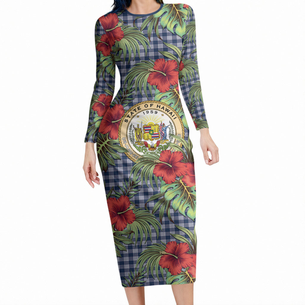 Vintage Hawaii Hibiscus Palaka Long Sleeve Bodycon Dress Navy Color LT19 Long Dress Navy - Polynesian Pride