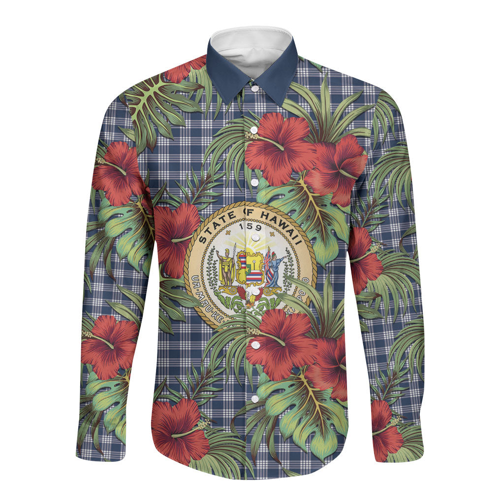 Vintage Hawaii Hibiscus Palaka Long Sleeve Button Shirt Navy Color LT19 Unisex Navy - Polynesian Pride