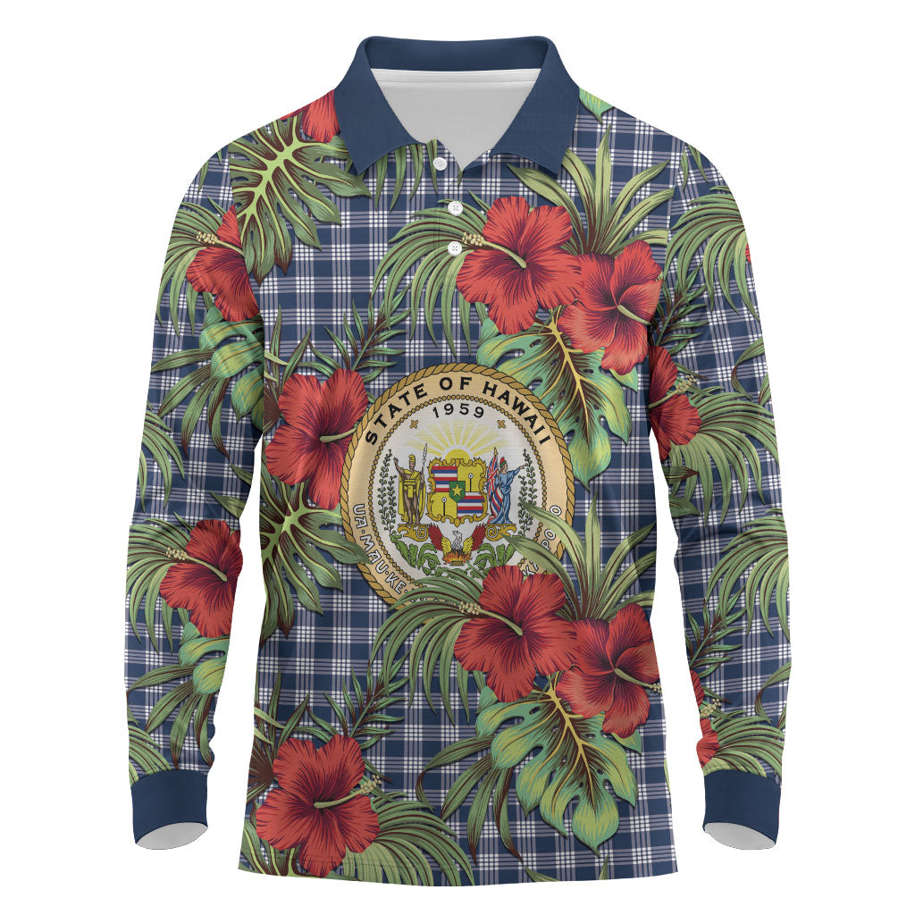 Vintage Hawaii Hibiscus Palaka Long Sleeve Polo Shirt Navy Color LT19 Navy - Polynesian Pride