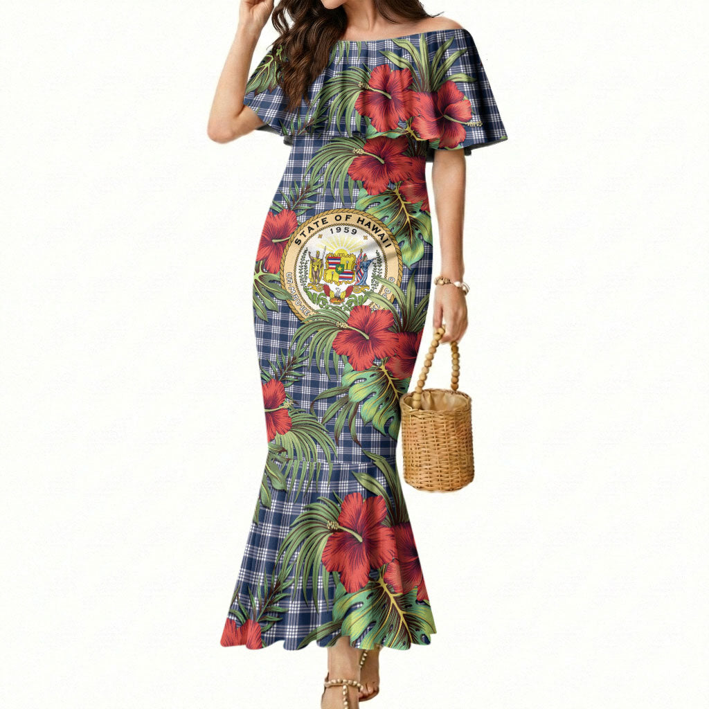 Vintage Hawaii Hibiscus Palaka Mermaid Dress Navy Color LT19 Women Navy - Polynesian Pride