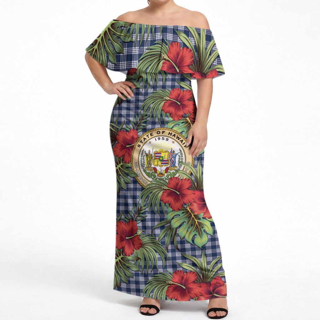 Vintage Hawaii Hibiscus Palaka Off Shoulder Maxi Dress Navy Color LT19 Women Navy - Polynesian Pride