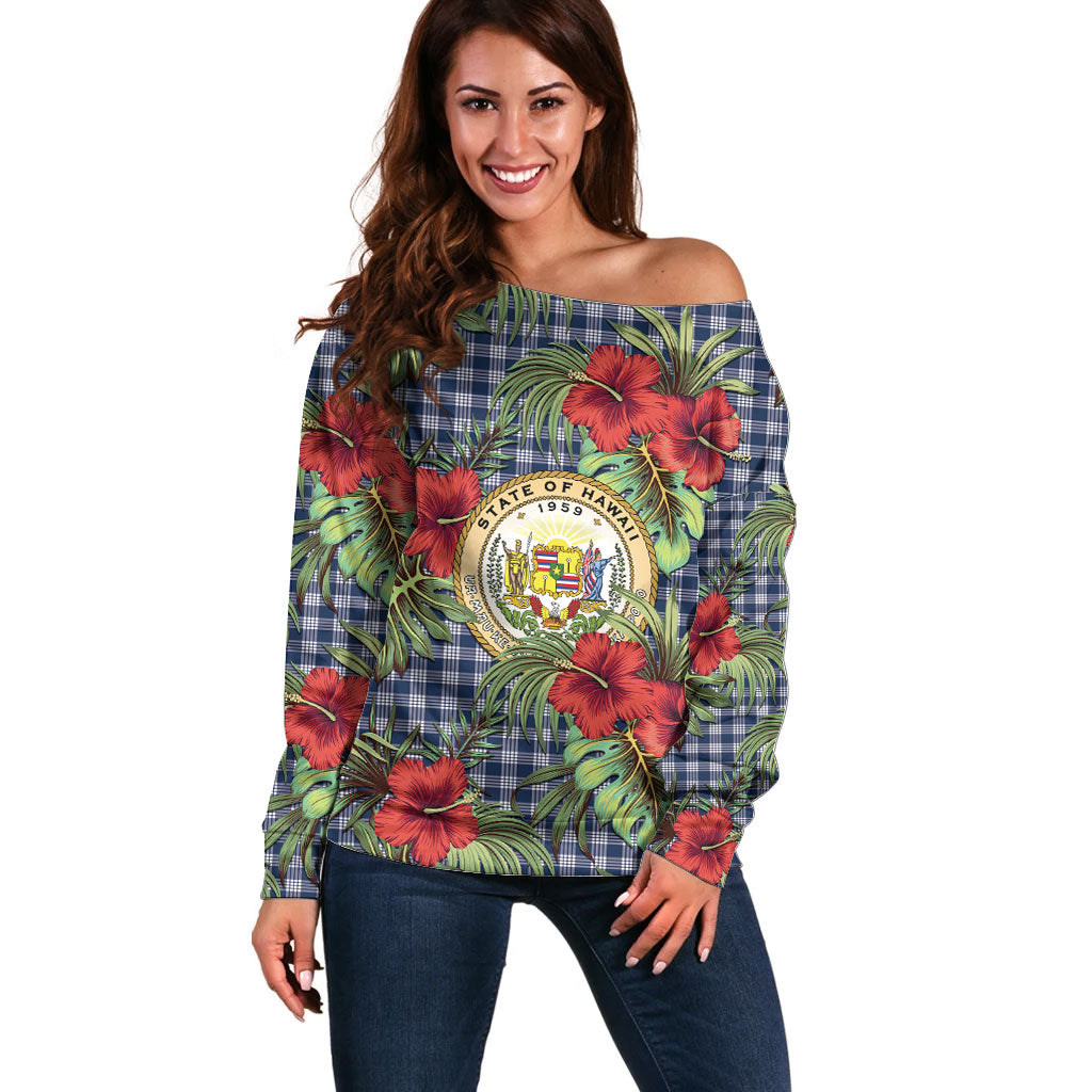 Vintage Hawaii Hibiscus Palaka Off Shoulder Sweater Navy Color LT19 Women Navy - Polynesian Pride