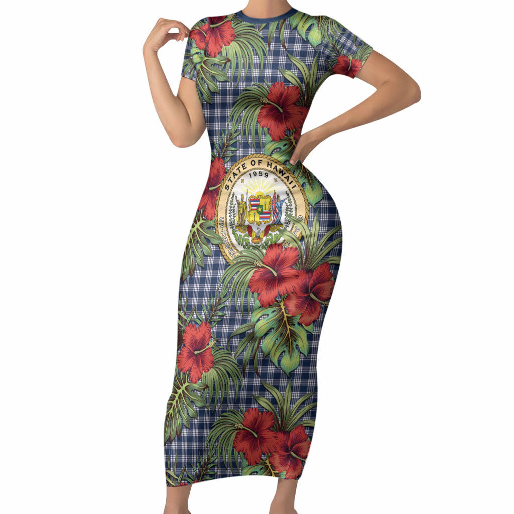 Vintage Hawaii Hibiscus Palaka Short Sleeve Bodycon Dress Navy Color LT19 Long Dress Navy - Polynesian Pride