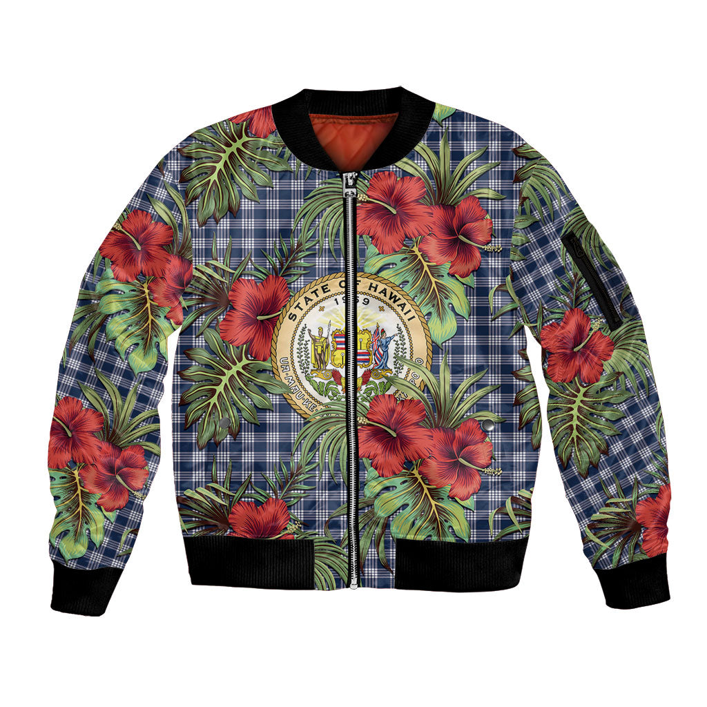 Vintage Hawaii Hibiscus Palaka Sleeve Zip Bomber Jacket Navy Color LT19 Unisex Navy - Polynesian Pride