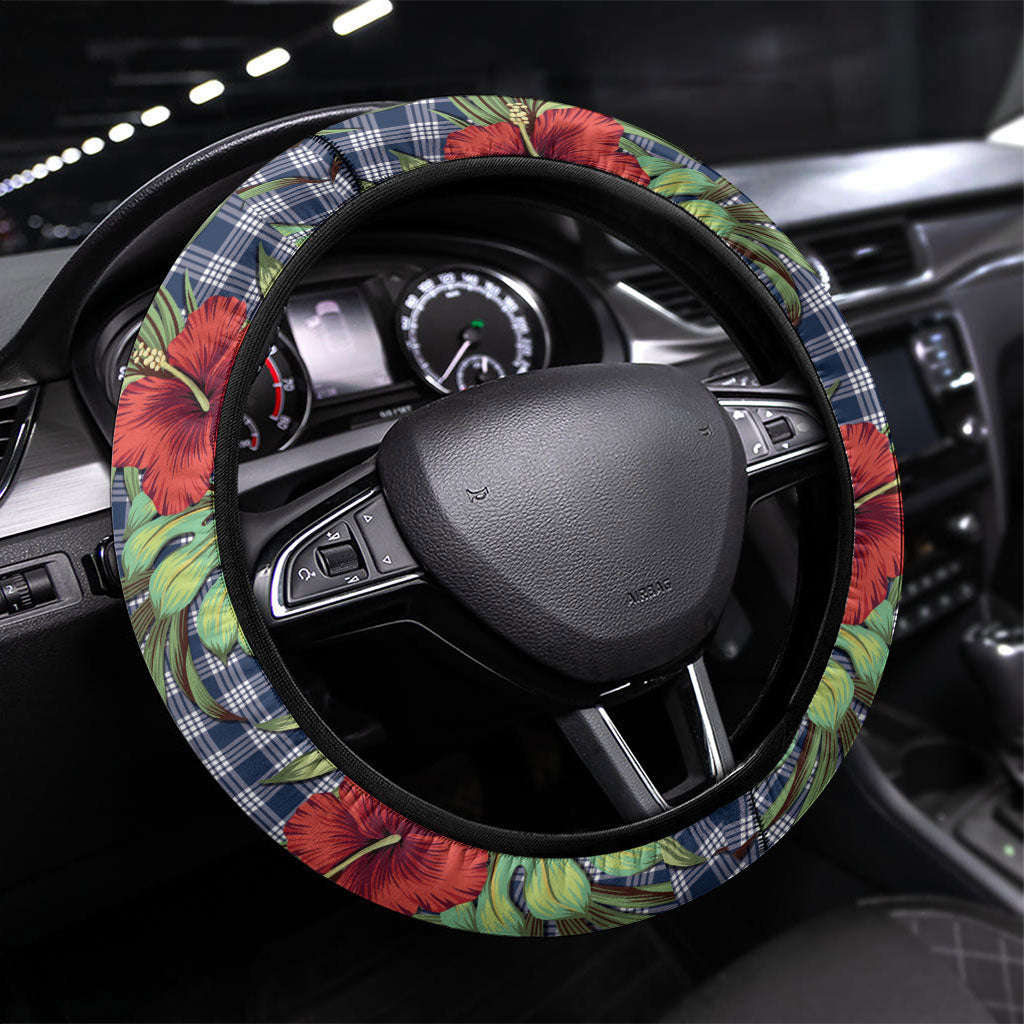 Vintage Hawaii Hibiscus Palaka Steering Wheel Cover Navy Color LT19 Universal Fit Navy - Polynesian Pride