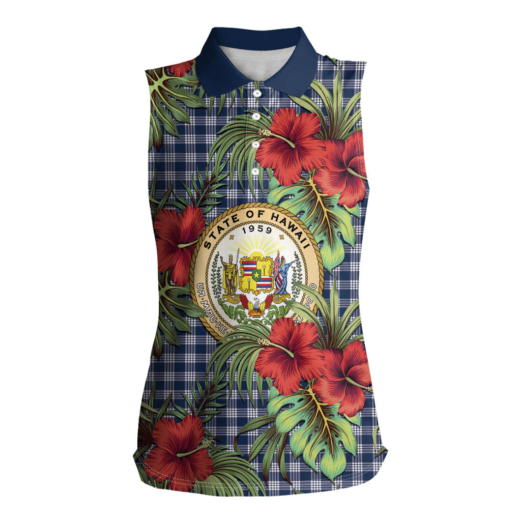 Vintage Hawaii Hibiscus Palaka Women Sleeveless Polo Shirt Navy Color LT19 Female Navy - Polynesian Pride