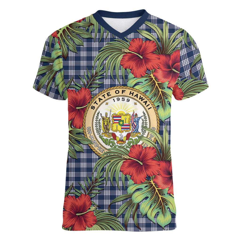 Vintage Hawaii Hibiscus Palaka Women V-Neck T-Shirt Navy Color LT19 Female Navy - Polynesian Pride