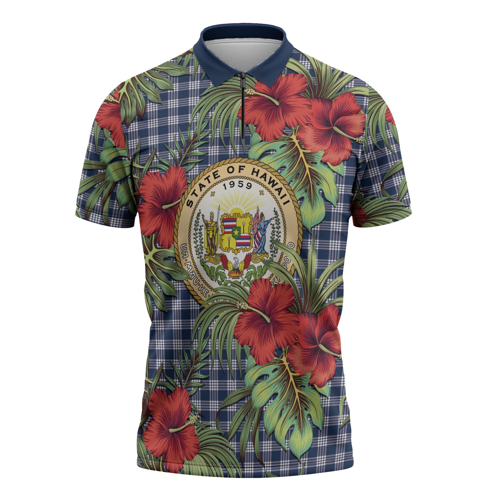 Vintage Hawaii Hibiscus Palaka Zipper Polo Shirt Navy Color LT19 Navy - Polynesian Pride