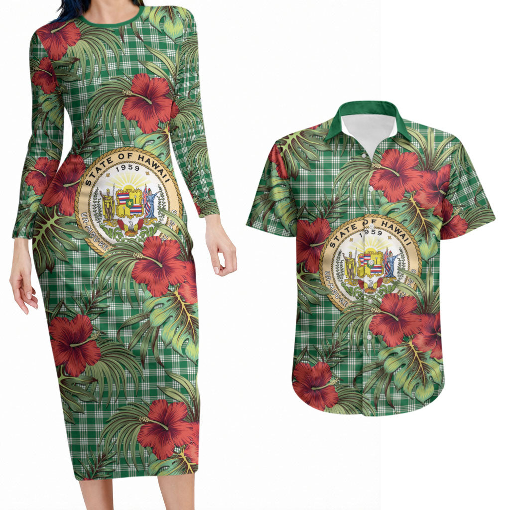 Vintage Hawaii Hibiscus Palaka Couples Matching Long Sleeve Bodycon Dress and Hawaiian Shirt Green Color LT19 Green - Polynesian Pride