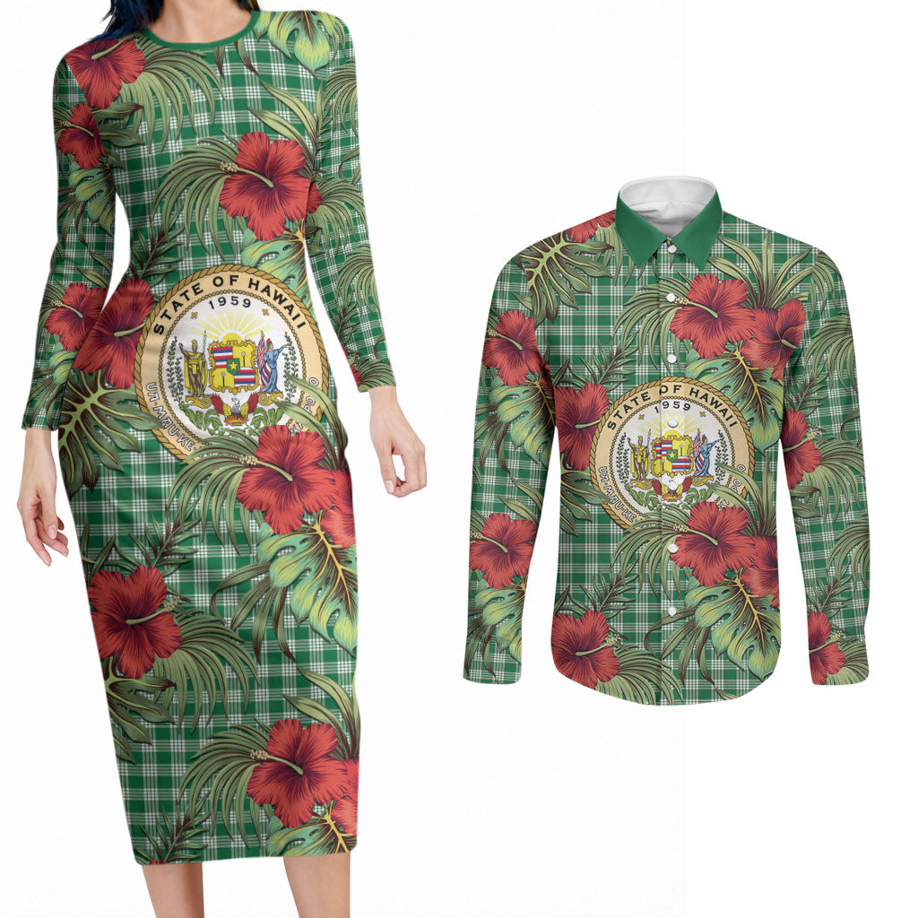Vintage Hawaii Hibiscus Palaka Couples Matching Long Sleeve Bodycon Dress and Long Sleeve Button Shirt Green Color LT19 Green - Polynesian Pride