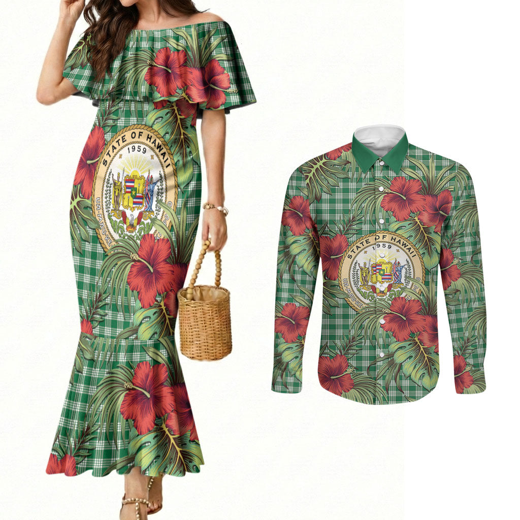 Vintage Hawaii Hibiscus Palaka Couples Matching Mermaid Dress and Long Sleeve Button Shirt Green Color LT19 Green - Polynesian Pride