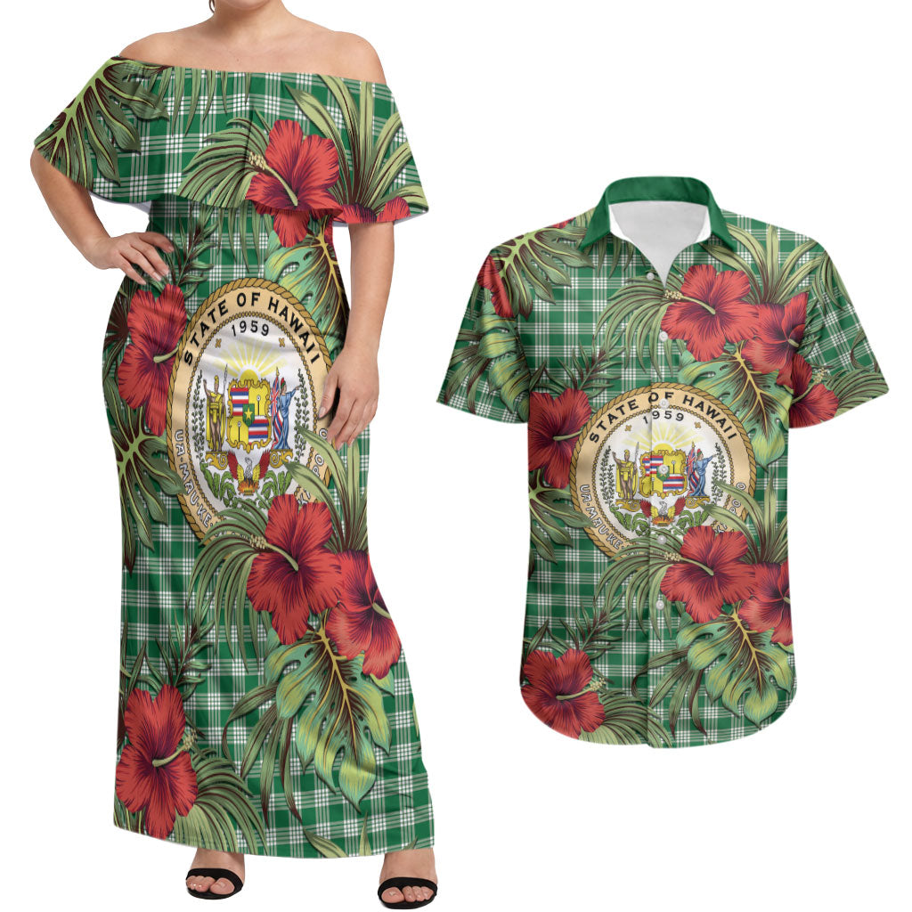 Vintage Hawaii Hibiscus Palaka Couples Matching Off Shoulder Maxi Dress and Hawaiian Shirt Green Color LT19 Green - Polynesian Pride