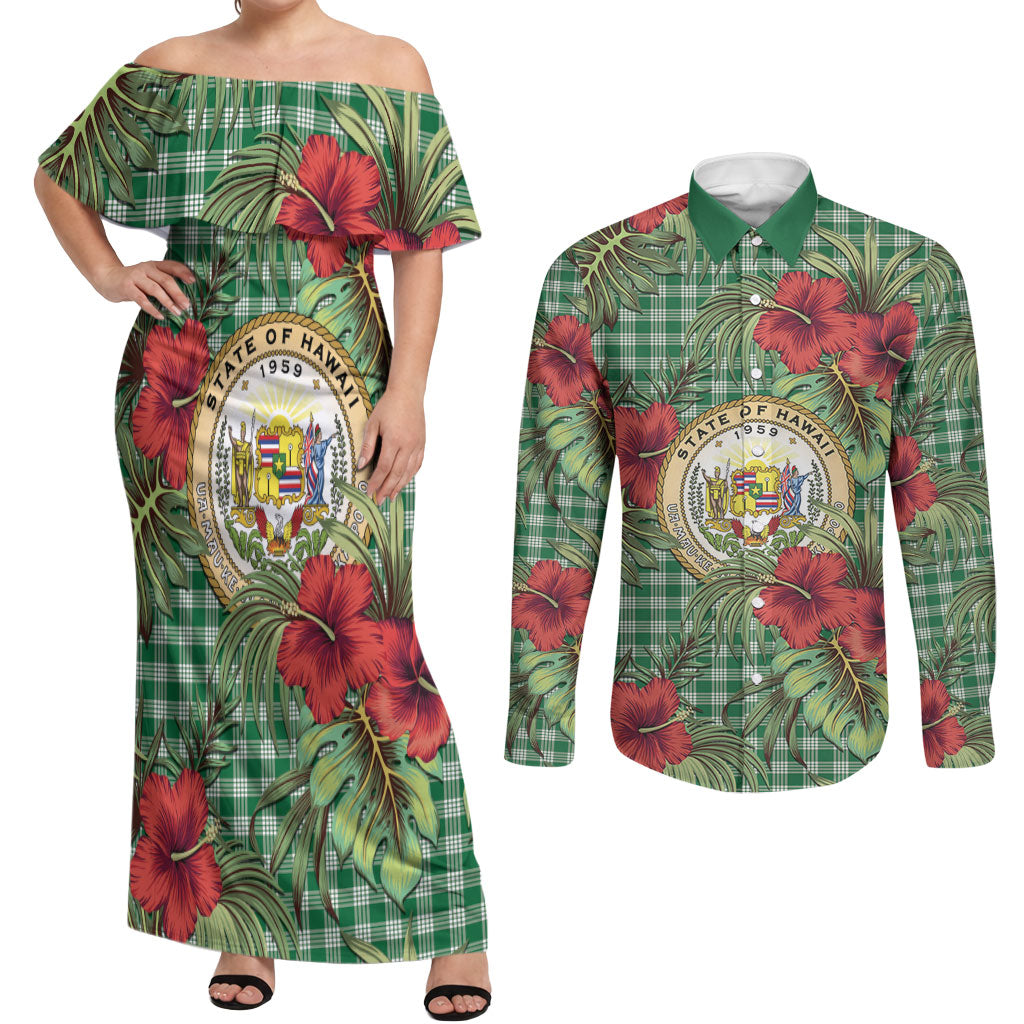 Vintage Hawaii Hibiscus Palaka Couples Matching Off Shoulder Maxi Dress and Long Sleeve Button Shirt Green Color LT19 Green - Polynesian Pride