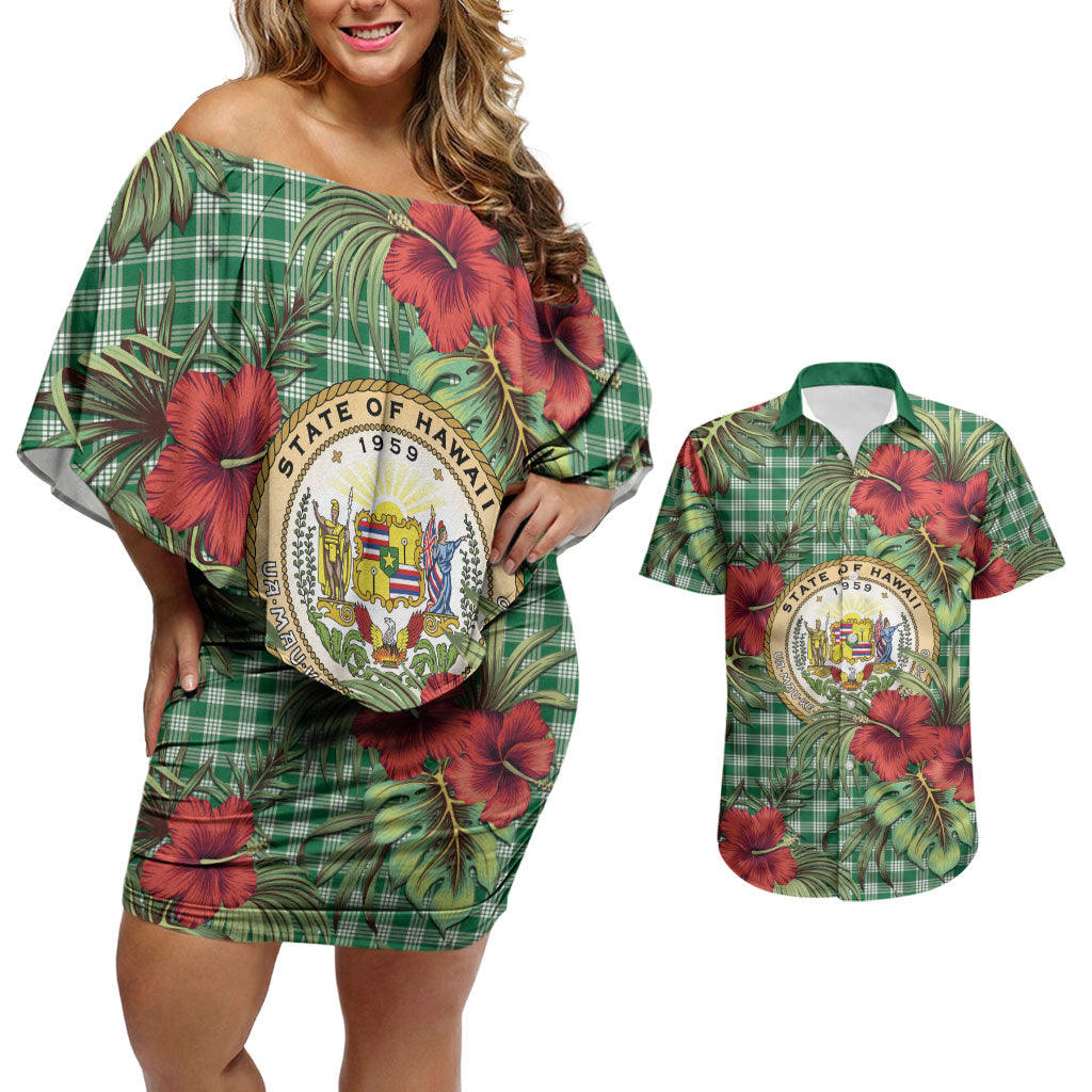 Vintage Hawaii Hibiscus Palaka Couples Matching Off Shoulder Short Dress and Hawaiian Shirt Green Color LT19 Green - Polynesian Pride