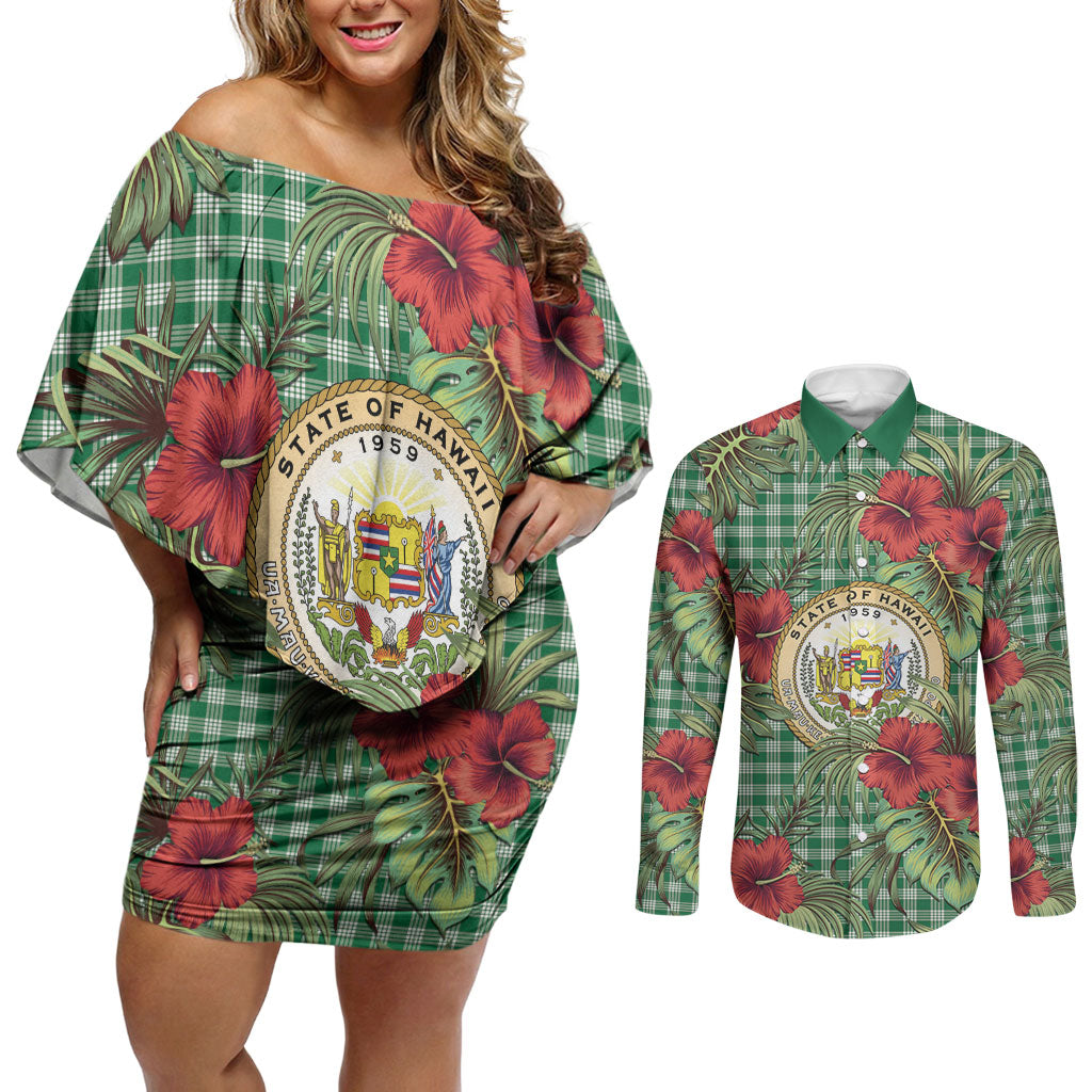 Vintage Hawaii Hibiscus Palaka Couples Matching Off Shoulder Short Dress and Long Sleeve Button Shirt Green Color LT19 Green - Polynesian Pride