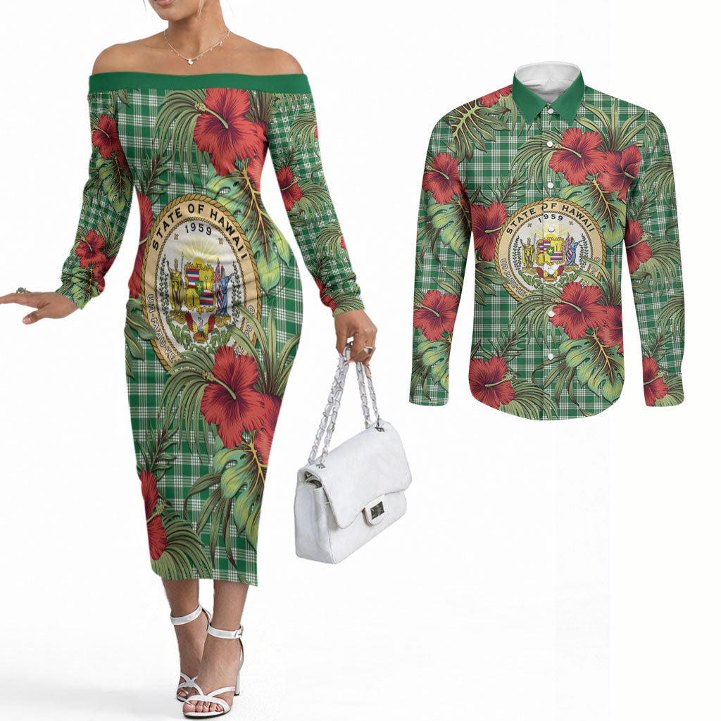 Vintage Hawaii Hibiscus Palaka Couples Matching Off The Shoulder Long Sleeve Dress and Long Sleeve Button Shirt Green Color LT19 Green - Polynesian Pride