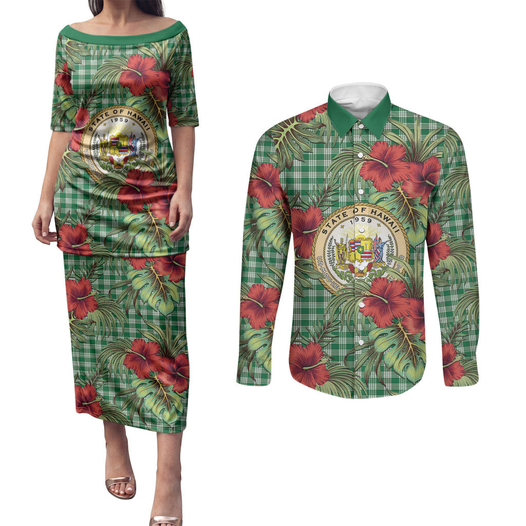 Vintage Hawaii Hibiscus Palaka Couples Matching Puletasi and Long Sleeve Button Shirt Green Color LT19 Green - Polynesian Pride