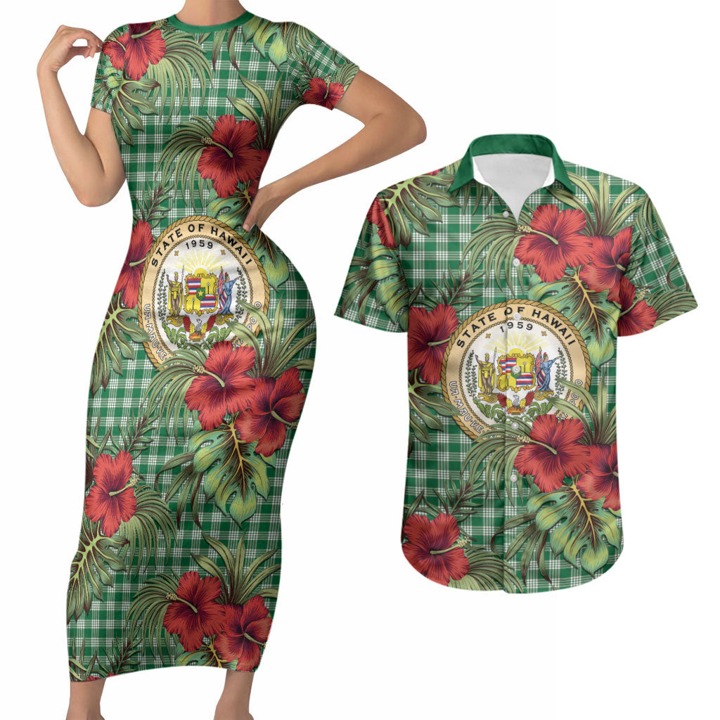 Vintage Hawaii Hibiscus Palaka Couples Matching Short Sleeve Bodycon Dress and Hawaiian Shirt Green Color LT19 Green - Polynesian Pride