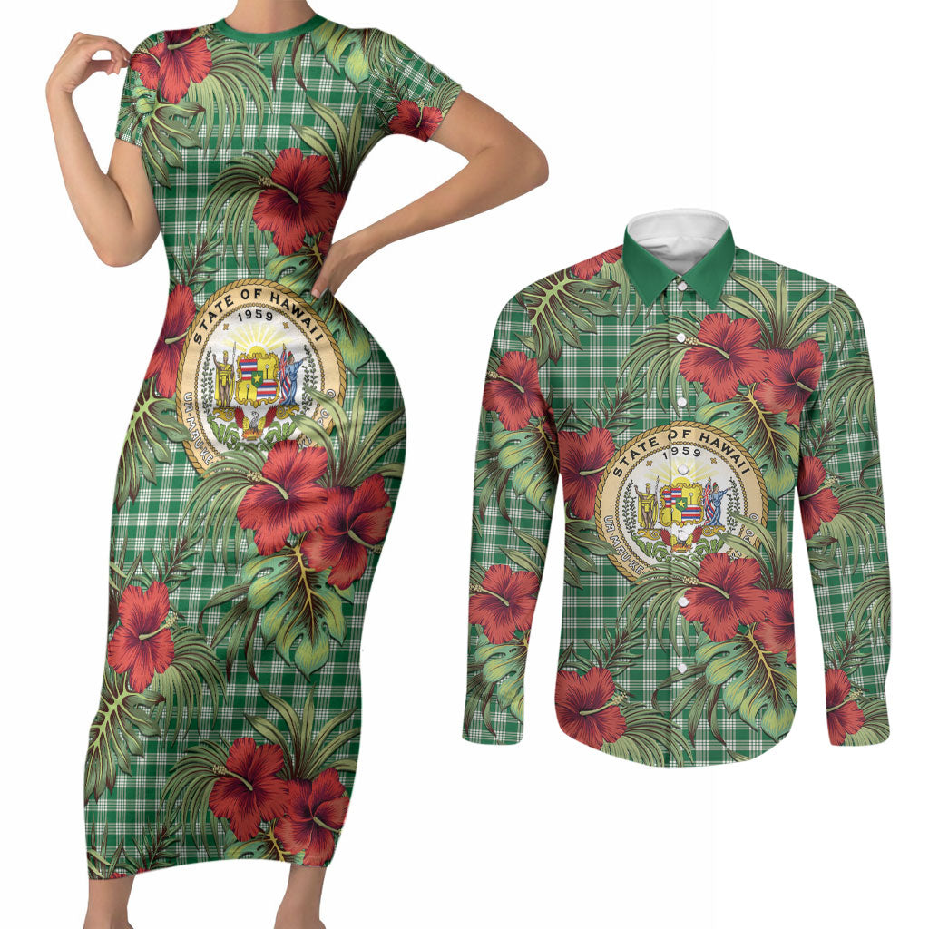 Vintage Hawaii Hibiscus Palaka Couples Matching Short Sleeve Bodycon Dress and Long Sleeve Button Shirt Green Color LT19 Green - Polynesian Pride