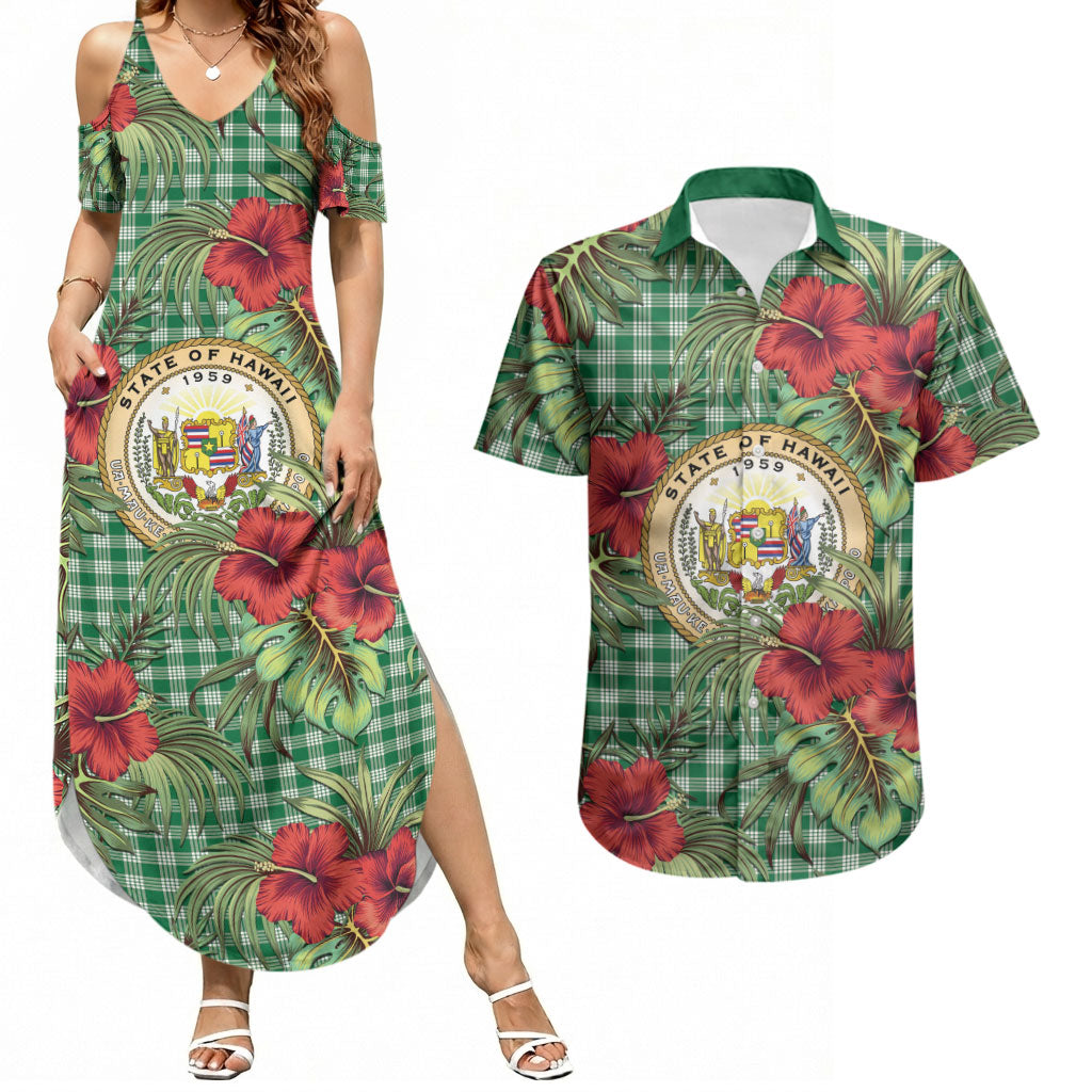 Vintage Hawaii Hibiscus Palaka Couples Matching Summer Maxi Dress and Hawaiian Shirt Green Color LT19 Green - Polynesian Pride