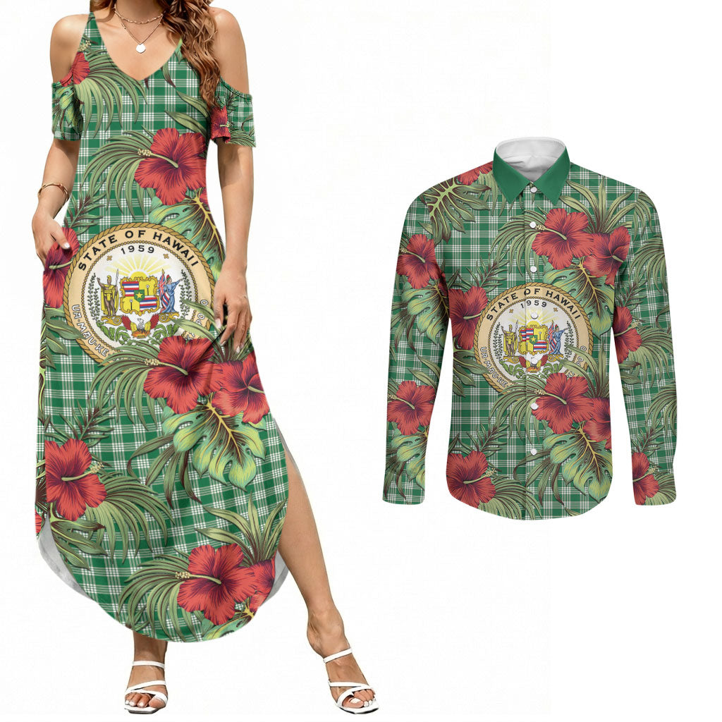 Vintage Hawaii Hibiscus Palaka Couples Matching Summer Maxi Dress and Long Sleeve Button Shirt Green Color LT19 Green - Polynesian Pride