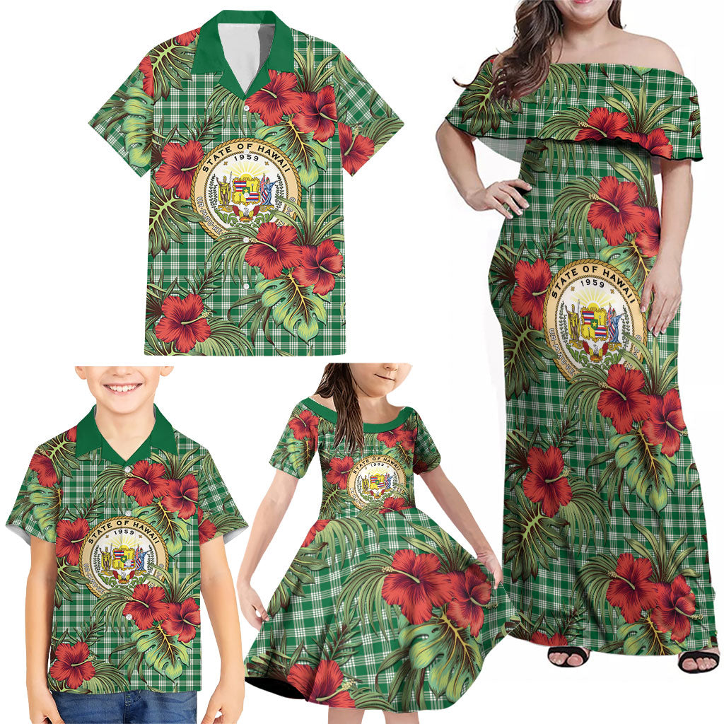 Vintage Hawaii Hibiscus Palaka Family Matching Off Shoulder Maxi Dress and Hawaiian Shirt Green Color