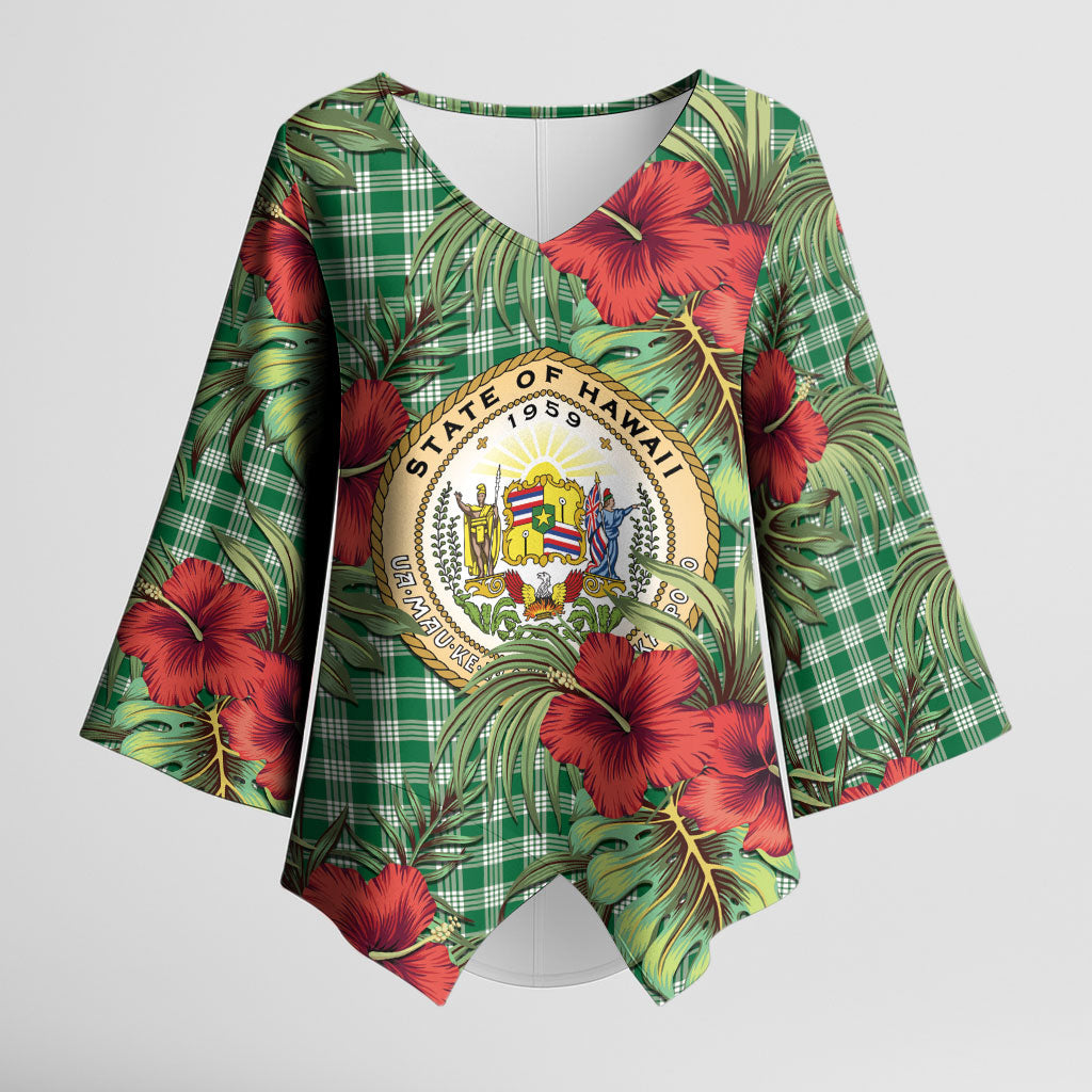 Vintage Hawaii Hibiscus Palaka Kimono Sleeve Blouse Green Color LT19 Female Green - Polynesian Pride