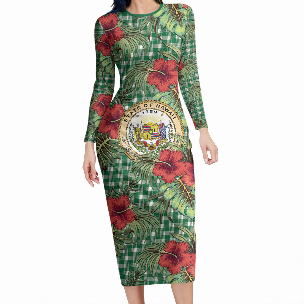 Vintage Hawaii Hibiscus Palaka Long Sleeve Bodycon Dress Green Color LT19 Long Dress Green - Polynesian Pride