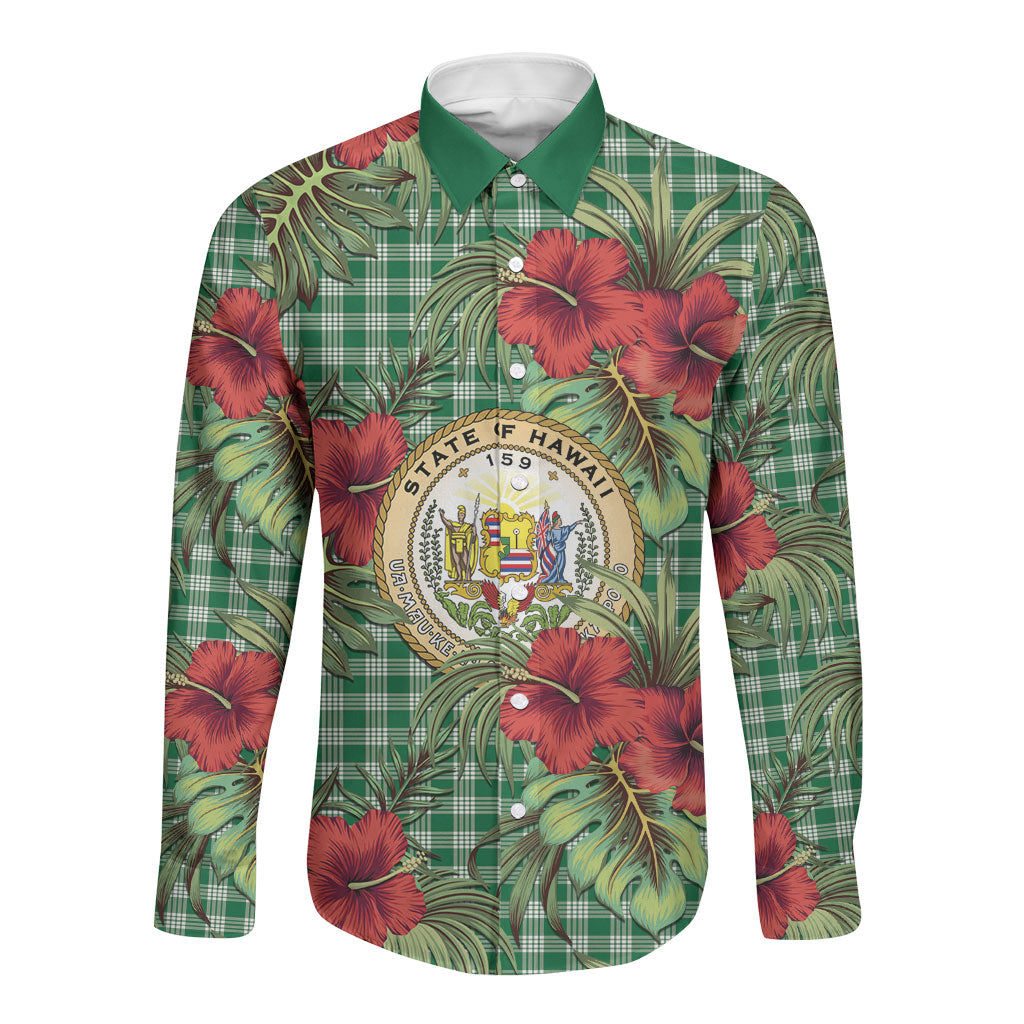 Vintage Hawaii Hibiscus Palaka Long Sleeve Button Shirt Green Color LT19 Unisex Green - Polynesian Pride
