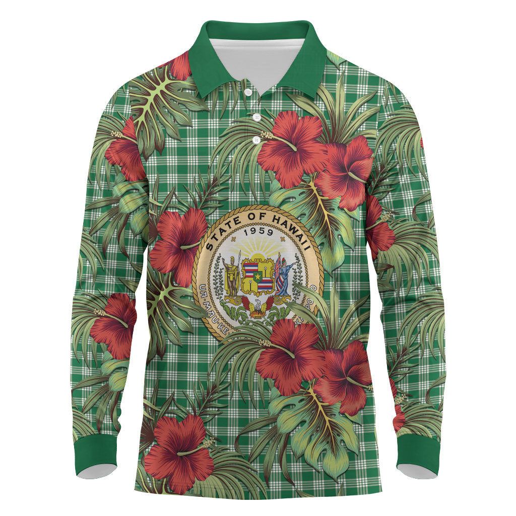 Vintage Hawaii Hibiscus Palaka Long Sleeve Polo Shirt Green Color LT19 Green - Polynesian Pride